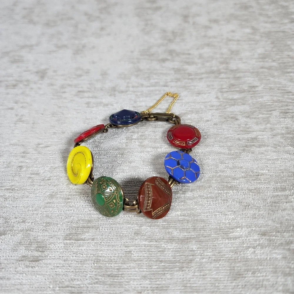 Vintage Colorful Glass Engraved Painted Gold Circle Bracelet 7.5